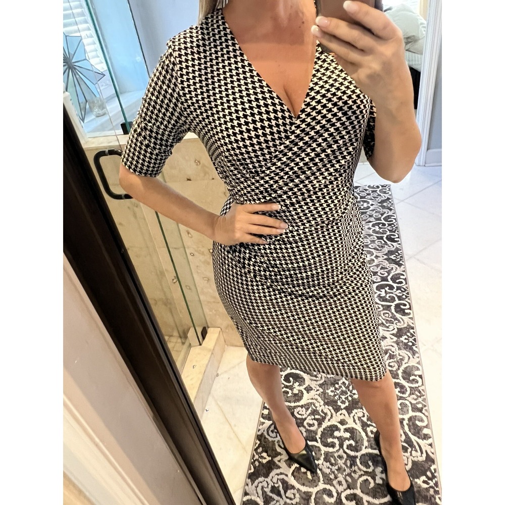 Lauren Ralph Lauren Green Label Houndstooth Mock Wrap Dress Black White 10